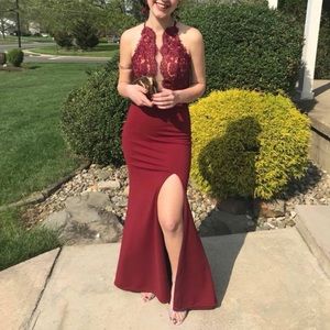 2 piece burgundy le femme dress with slit size 0